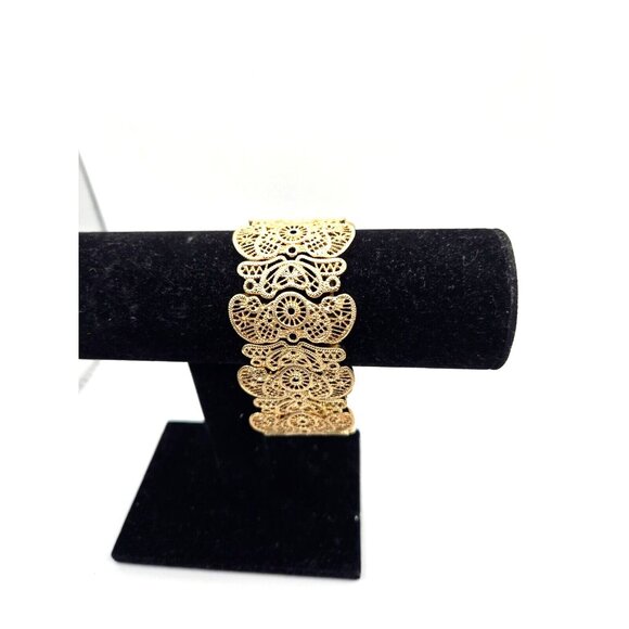 Vintage Lacey Gold Metal Stretch Bracelet Cuff 1.5 inch thick 1980s - Picture 2 of 4